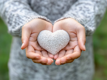 A heart-shaped light glows between two cupped hands, embodying love and support This tender image evokes warmth, connection, and care It symbolizes unity, family bonds, and heartfelt gestures Share this meaningful picture to convey kindness, cherished relationships, and genuine empathy A truly touching representation of affection AI Generativeの素材