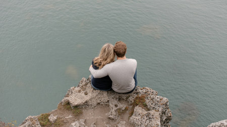 Experience the magic of an engagement shoot at an old lighthouse Waves crash below as a beautiful couple's love endures against stunning scenery Natural light illuminates breathtaking views in this timeless, picturesque coastal location Creating cherished memories, it's a romantic escape and the perfect spot for love to bloom AI Generativeの素材