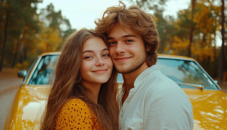 A couple poses elegantly beside a vintage car in a romantic countryside landscape This image captures timeless love and nostalgia The picturesque setting creates a perfect backdrop for a romantic escape, embodying both timeless beauty and picturesque love This scene evokes a sense of enduring romance AI Generativeの素材