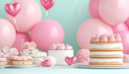 Indulge in romance with our celebration setup! Valentine's cakes and pastries pair beautifully with heart-shaped balloons, perfect for anniversaries and engagements Create unforgettable memories with our delicious treats and passionate decor Explore our collection and discover sweets designed to evoke love today AI Generativeの素材