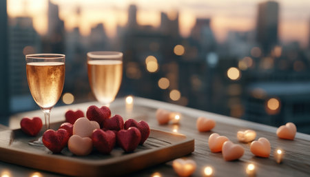 Experience a magical Valentine's with a romantic window-side dinner City lights illuminate the elegant setting, where champagne glasses sparkle beside a heart-shaped treat This intimate, love-filled ambiance, paired with panoramic views, creates unforgettable memories Perfect for special occasions and romance, offering a truly memorable dining experience AI Generativeの素材