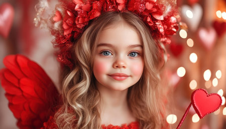 Evoke love's enchantment with Cupid, wand in hand, crafting a glowing halo of hearts This image, perfect for Valentine's, anniversaries, or any loving occasion, radiates warmth and tenderness Featuring a cherubic figure adorned with hearts, it's ideal for adding romance to your projects Celebrate with Cupid's magic today! AI Generativeの素材