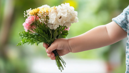 A child's pure joy radiates as they offer a vibrant bouquet This heartwarming image captures the sweet innocence of childhood and the tender act of giving It's a moment of gentle connection, embodying kindness and bonding A small hand extends flowers, sharing genuine feeling and creating a beautiful memory AI Generativeの素材