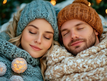 A winter evening scene portrays two people sharing a blanket, radiating warmth and affection The cozy intimacy captures a couple snuggled together, protected from the chill It's a beautiful depiction of shared moments, love, and togetherness, all bathed in the soft, gentle light of the winter night AI Generativeの素材