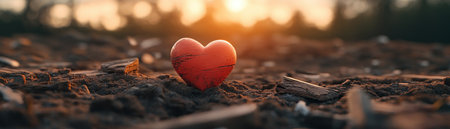 A glowing heart, pulsing with charity and emotion, takes center stage Innovative design meets compassionate care amidst a textured ground under a soft sunset This image radiates love and warmth, its vibrant glow symbolizing heartfelt generosity Natural light and detail create a powerful expression of compassion and innovation AI Generativeの素材