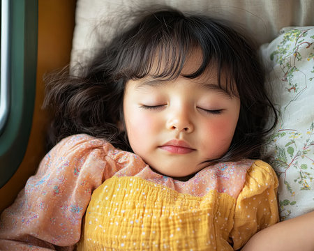 A child sleeps peacefully, nestled on their parent's lap during a cozy train ride This tender image captures the warmth of their family bond, a sweet and heartwarming memory It's a scene brimming with genuine emotion and unconditional love, a cherished moment between parent and child AI Generativeの素材