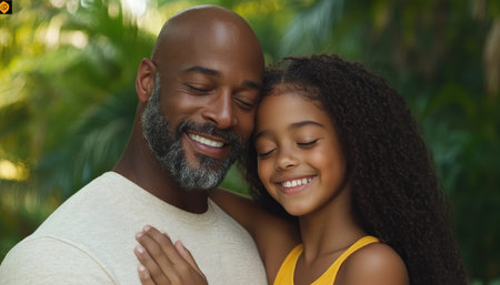 A father and daughter share a tender dance in a lush garden, a moment overflowing with love and harmony Their pure joy and deep connection radiate, painting a timeless portrait of familial bliss This scene captures the magic of their special bond, a heartwarming celebration of their relationship surrounded by AI Generativeの素材