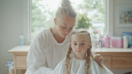 This image captures a tender moment: a mother braiding her daughter's hair, a sweet symbol of their bond It's a heartwarming scene showcasing care and affection, a memory frozen in time Discover similar family photos that celebrate love and connection, creating everlasting bonds through cherished moments AI Generativeの素材
