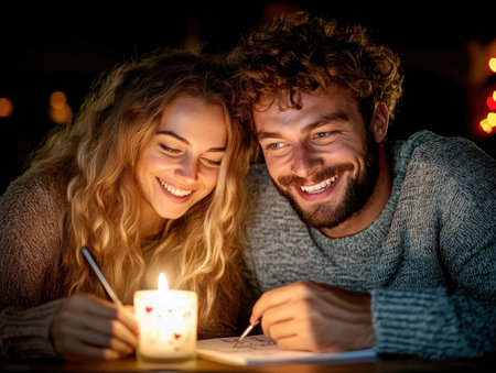 Immerse yourself in romance with this candlelit scene: a couple lovingly writes notes amidst Valentine's decor This image captures the perfect ambiance for intimate moments Find inspiration and enhance your creative projects with this visual story of heartfelt connection Ideal for those seeking a touch of warmth and love AI Generativeの素材