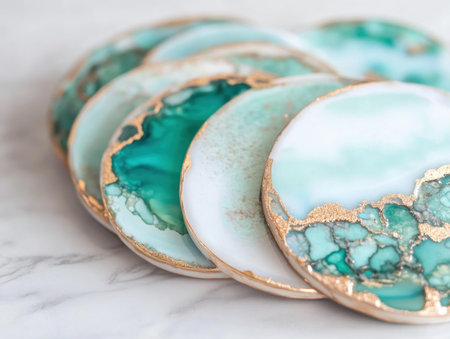 Elevate your home with our unique, hand-painted abstract art coasters These one-of-a-kind pieces, featuring vibrant colors and gold accents, are perfect for adding artistic flair Ideal gifts for birthdays, anniversaries, or housewarmings, they seamlessly blend elegance and functionality, enhancing any drinkware experience AI Generativeの素材