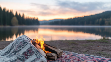 Escape to tranquility with this image of a cozy campfire by a serene lake A couple cuddles under a blanket, embraced by nature's peace This scene embodies ultimate relaxation and romantic connection, perfect for unwinding and sharing blissful moments with your loved one in the wilderness AI Generativeの素材