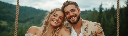 A laughing couple on a wooden swing in a forest captures whimsical outdoor charm This enchanting scene embodies carefree moments, natural beauty, and joyful living Perfect for illustrating romance, nature, and simple pleasures Experience tranquility and shared happiness in this heartwarming image AI Generativeの素材