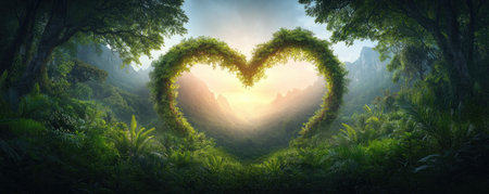 Immerse yourself in a verdant forest where two trees form a heart, a symbol of nature's enduring love Sunlight filters through the leaves, creating an ethereal glow This breathtaking scene invites you to find peace in the tranquil atmosphere, where romance and nature's beauty intertwine AI Generativeの素材