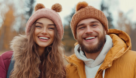 A couple's joyful laughter echoes through vibrant autumn leaves in this dynamic image Capturing the essence of seasonal bliss, the scene radiates warmth and natural happiness Movement, light, and vivid colors blend beautifully, creating an unforgettable memory of autumn enjoyment, celebrating both nature's beauty and pure, unbridled joy AI Generativeの素材