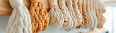 Transform your home with unique, handmade macrame wall hangings Crafted from natural fibers and tassels, these bohemian designs add texture and warmth Explore various colors and styles, each piece carefully made with eco-friendly materials, perfect for creating a cozy and inviting space Elevate your walls with these artful accents AI Generativeの素材