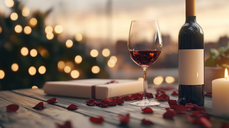 Create a romantic Valentine's Day with a candlelit dinner, scattered rose petals, and fine wine This intimate, elegant setting promises a memorable evening The soft glow of candles and rich red wine will envelop the couple in a beautiful, cherished celebration AI Generativeの素材