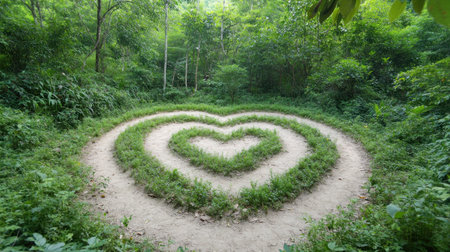 Enchanted love paths weave a heart-shaped maze in a serene forest, symbolizing eternal union This image captures love's journey with intertwining pathways amidst lush greenery, inviting exploration of connection and devotion It's a unique scene ideal for romantic or nature themes, showcasing unity and love's timeless dance AI Generativeの素材