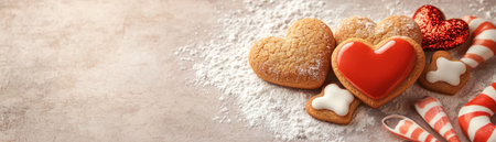 A romantic Valentine's baking scene unfolds: heart-shaped cookies rest on a flour-dusted counter, ready for icing with nearby tools This image captures the joy of homemade love, perfect for inspiring crafts, recipes, and sweet treat creations Share the Valentine's baking excitement for romantic inspiration AI Generativeの素材