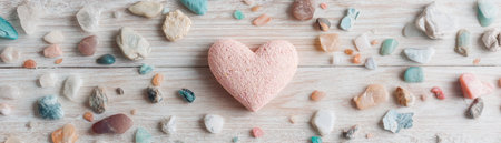 A romantic pastel pink heart floats on light wood, encircled by soft-focus pastel stones This captivating image blends love with altruism, symbolizing compassion and unity Ideal for Valentine's, weddings, or heartfelt designs, it evokes gentle love's essence AI Generativeの素材