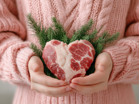 This artwork blends artistry and care, depicting a heart-shaped cut of meat, a symbol of love, embraced by soft hands in a pink knit sweater Evergreen sprigs and wellness elements enhance the piece, bathed in gentle hues, promoting emotional and physical well-being with warmth and tenderness AI Generativeの素材