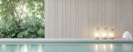 Escape to a tranquil poolside haven, where gentle reflections and soft tones create a serene ambiance Unwind by peaceful waters, bathed in soothing light and hues perfect for quiet contemplation and rejuvenation This sanctuary offers a gentle embrace of calm, inviting moments of self-care and relaxation AI Generativeの素材