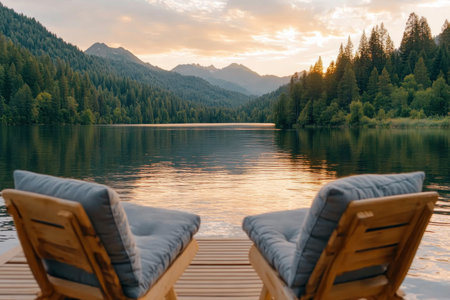 Escape to a romantic haven nestled in nature Cozy up on the porch with scenic mountain views, beside a serene lake and lush forests Unwind in this peaceful setting, reconnect with your loved one, and experience an idyllic retreat This is the perfect place for relaxation and unforgettable moments AI Generativeの素材