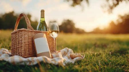 Escape to a romantic countryside picnic for two A rustic wicker basket, fine wine, and serene scenery await Experience tranquility as nature and love intertwine, creating an unforgettable moment of peace and connection This idyllic getaway promises pure romance amidst beautiful surroundings AI Generativeの素材