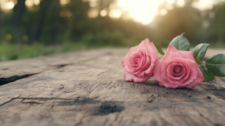 A rustic wooden surface cradles two delicate pink roses, embodying a tender Valentine's Day romance The simple scene exudes natural charm and soft hues, creating powerful romantic imagery While calligraphy and illustrations are absent, the rustic texture elevates the blooms, capturing the essence of love and tenderness beautifully AI Generativeの素材