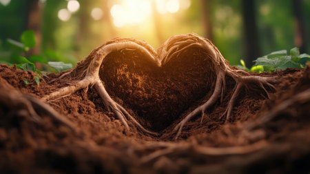 This captivating image showcases interwoven tree roots forming a heart, symbolizing eternal devotion and grounded love Nature's embrace illustrates an unbreakable bond, perfect for expressing deep affection or spiritual connection Use this powerful imagery to convey lasting commitment and the nurturing essence of love's roots AI Generativeの素材