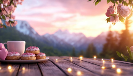 Step into a romantic Valentine's cafe, illuminated by fairy lights Soft music sets the mood as you indulge in delicious pastries Enjoy the enchanting ambiance and delightful views, savoring sweet moments in this perfect setting for a special occasion A haven for love and treats AI Generativeの素材