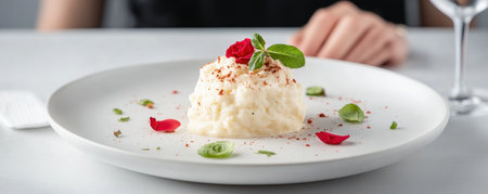 Indulge in an elegant, romantic dinner Gourmet cuisine, artfully presented on a white plate with basil and rose petals, creates a sophisticated ambiance A person's hands and glass suggest an intimate meal, perfect for couples seeking refined taste and memorable culinary artistry AI Generativeの素材