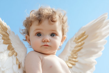 Experience the magic of love with high-resolution images of a Cherubic Cupid Golden wings and a radiant heart embody passion and innocence Perfect for Valentine's Day, weddings, or whimsical projects, these enchanting photos add a touch of magical beauty to backgrounds, cards, and digital art AI Generativeの素材