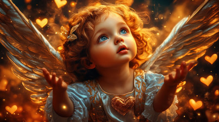 Witness cosmic love! Cupid, in silver and gold, soars through a heart-filled galaxy in this high-resolution digital artwork Intricate details, vibrant swirling colors, and breathtaking beauty define this timeless image, perfect for Valentine's or celebrating universal affection It embodies love, grace, and is simply stunning AI Generativeの素材