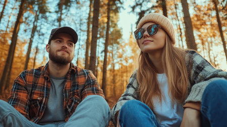 Capture a relaxed couple's romance in a warm, autumnal forest clearing This casual portrait embodies their outdoor lifestyle, showcasing their easygoing love amidst rich, earthy tones The intimate scene feels inviting, a picturesque moment in nature where their connection shines AI Generativeの素材