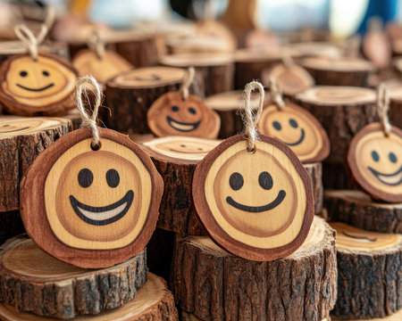 Elevate your gifts with unique, hand-painted wooden tags Crafted from wood slices, these rustic tags feature cheerful smiley faces, perfect for adding a personalized touch to any present Ideal for crafts and handmade gifts, they offer an eco-friendly alternative to traditional labels Discover creative gift-wrapping with these charming, custom-made tags AI Generativeの素材