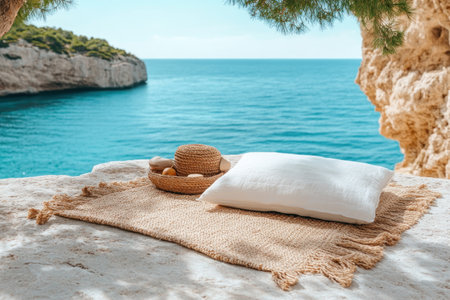 Escape to a secluded cliffside picnic, a luxury haven overlooking the endless sea Gentle breezes and serene beauty set the stage for unforgettable romance Indulge in soft cushions and natural textures while creating lasting memories This private getaway offers unparalleled relaxation and peace with breathtaking views AI Generativeの素材