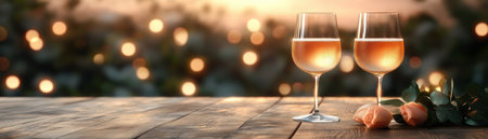 Celebrate love with an intimate, elegant dinner Candlelight and gourmet delights set the scene, while sparkling ros fills two glasses on a wooden table under bokeh lights A warm golden glow creates a romantic ambiance, perfect for a special date, anniversary, or loving occasion Ideal for social media and website AI Generativeの素材