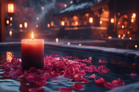 Escape to a romantic sanctuary with a candlelit bath Delicate flower petals float in a rustic stone tub, inviting pure relaxation Flickering candlelight creates a calming ambiance, melting away stress This serene setting is perfect for creating unforgettable moments of romance and tranquility AI Generativeの素材