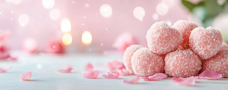 Ignite romance with heart-shaped pastries gracing a festive table Rose petals and soft candlelight create an intimate, cozy atmosphere Perfect for Valentine's, anniversaries, or any love celebration, these sweet treats and romantic ambiance offer a shared moment of sweet togetherness AI Generativeの素材