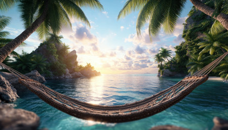 Escape to a secluded tropical island paradise Gentle breezes sway hammocks between palm trees, perfect for a romantic getaway Discover tranquility and embrace nature's beauty This breathtaking island is ideal for rest, relaxation, and rejuvenation Experience unparalleled serenity in this true tropical haven AI Generativeの素材
