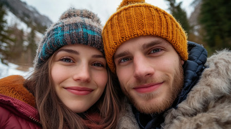 Capture rustic romance with this cozy forest couple portrait Soft light and warm tones enhance their connection against a snowy backdrop Perfect for blogs, social media, or wall art, this serene scene embodies love and a peaceful retreat Explore our collection for more captivating moments AI Generativeの素材