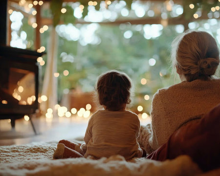 A cozy fireplace warms a joyful family gathering, filled with laughter and love Precious moments become sweet, lasting memories This heartwarming scene embodies family, happiness, and cherished bonds Share the delight of togetherness, crackling fire, and radiant smiles - a perfect reminder of family happiness AI Generativeの素材