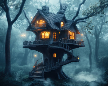 Escape to a dreamy treehouse in an enchanted forest, a romantic haven for tranquility Bathed in fairy lights, this secluded retreat offers a magical sanctuary from daily life Find serenity and reconnect with nature in this fairytale setting, creating unforgettable moments under the stars AI Generativeの素材