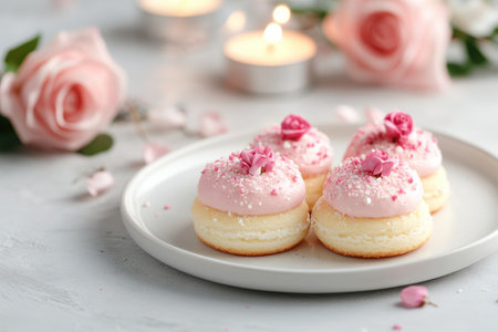Experience romance with heart-shaped pastries in a dreamy cafe Surrounded by roses and candlelight, these exquisite treats embody love and celebration Explore our collection of romantic desserts, ideal for special occasions or a sweet moment Share these adorable cakes with your favorite person Shop now! AI Generativeの素材