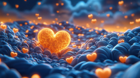 Luminous hearts and stylized moon phases encircle a glowing heart, symbolizing eternal love through time Set against a night blue backdrop, an orange glow bathes the textured landscape This digital artwork evokes a mystical, celestial vibe, perfect for conveying deep affection and lasting connection Share the timeless love AI Generativeの素材