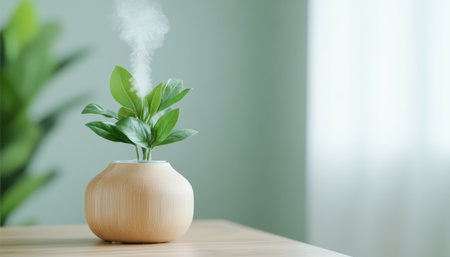 A diffuser gently mists among lush plants on a rustic table, inviting tranquility This scene promotes self-care and relaxation through aromatherapy Calming scents infuse the space, fostering peace and balance Unwind and rejuvenate your senses in this serene setting, a visual embodiment of mindful living AI Generativeの素材