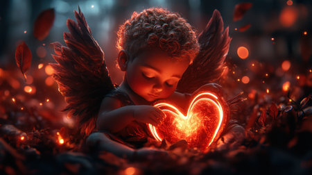 A cherubic Cupid cradles a luminous heart, embodying romance This ethereal image, with a hidden quiver of arrows, radiates love The tender scene, perfect for Valentine's Day or any celebration of affection, captures Cupid's gentle spirit of love and connection AI Generativeの素材