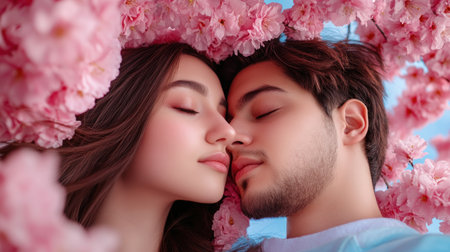This captivating image captures the essence of love, showcasing lovers embracing beneath a blossoming cherry tree Gentle pastel tones evoke romance, while soft pink blooms highlight the beauty of spring Perfect for projects needing serene, affectionate imagery, it portrays a magical moment of hearts connecting AI Generativeの素材