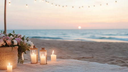 Celebrate Valentine's Day with an unforgettable beach dinner Imagine glowing lanterns, exquisite florals, and a serene sunset over the ocean The soft light and calming waves create a magical, romantic atmosphere, perfect for couples seeking a truly special celebration Make lasting memories in this idyllic setting AI Generativeの素材