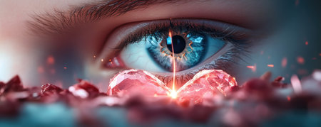 Witness love's captivating power: Cupid's light pierces a heart crystal, revealing a deep blue eye amidst soft petals This image embodies passion, vulnerability, and intense connection It's a visual representation of love's impact, illuminating the soul and resonating with the magic of true emotion Dive into this heartfelt world AI Generativeの素材